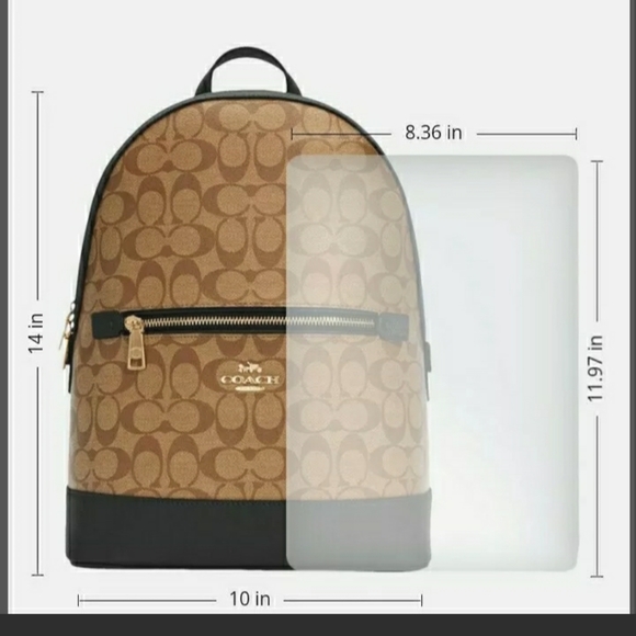 COACH BACKPACK SIGNATURE CANVAS TAN BAG GOLD KHAKI BLACK - Picture 9 of 10